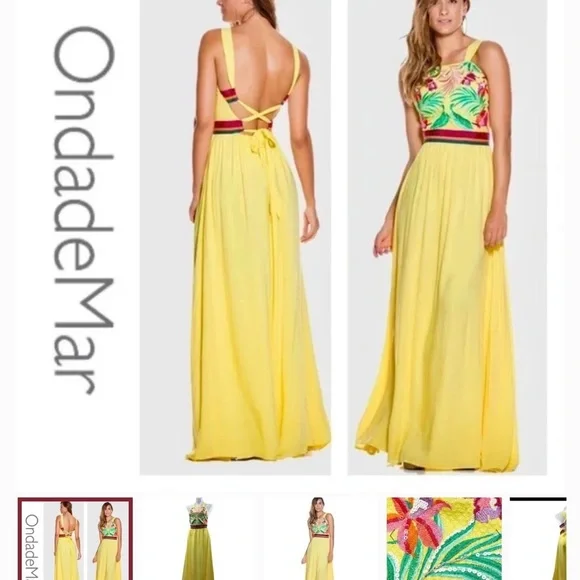 Yellow Embroidered Floral Maxi Dress Medium - Picture 1 of 8